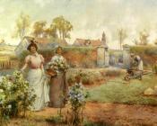 阿尔弗雷德 格伦迪宁 : A Lady And Her Maid Picking Chrysanthemums